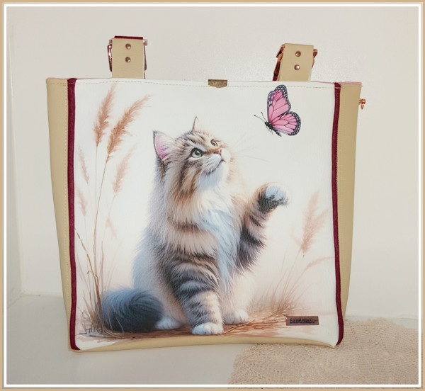 Kleiner Shopper mit Katzenmotiv / Schmetterling rosé