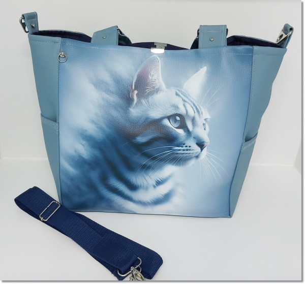 Umhängetasche hellblau mit Katzenkopf in Kunstleder